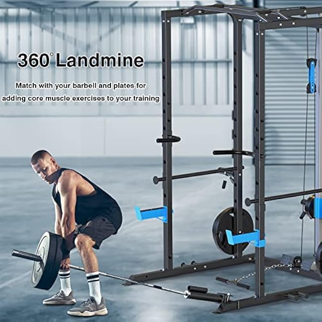 Power Cage, Multi-Functional Power Rack with J-Hooks, Dip Handles, Landmine Attachment and Optional Cable Pulley System for Home Gym