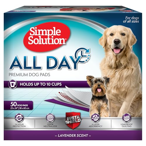 Image of Simple Solution All Day Dog Pads, Disposable Puppy Training Pads with Lavender Scent, Leak Proof Pet Pee Pads for Indoor Potty Training, Odor Control, Quick Dry Floor Protection, 23 inchx24 inch, 50 Count