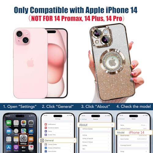 Image of Misscase for iPhone 14 Magnetic Glitter Case Compatible with MagSafe,Full Protection Slim Shockproof Anti-Scratch Case with Camera Lens Protector Logo View Dust-Proof Net for Women Gold