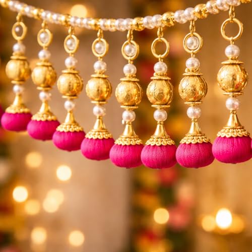 Image of Rajasthan Kraft Handcrafted Door Toran with Gota Ball, Beads & Mirror (40 Inch) - Adds Festive Charm to Your Home, Perfect for Home & Festive Decor and Housewarming Gifts (T0034)