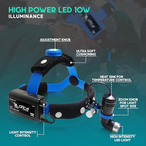 Image of OTICA 10W ENT Surgical LED Headlight High-Intensity Medical Headlamp for Doctors Hospital Dental Portable Rechargeable Headlight (Brightness, Spot Size Control + Dual Detachable Battery) - Blue