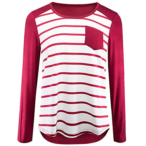 Camiseta feminina, listrada, casual, manga solta com bolso, Vermelho, L