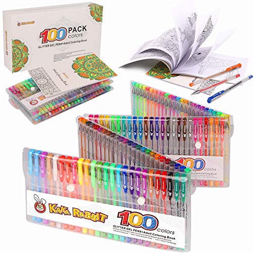 KaKa Rabbit Gel Pens,100 Colored Gel Pens Set with Case for Adult Coloring Book,30% More Ink Glitter,Neon,Metallic,Pastel Coloring Markers for Kids Drawing Painting Writing
