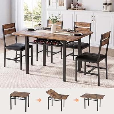 MapleGrace Dining Table Set for 4, Extendable Kitchen Table with 4 PU Leather Upholstered Dining Room Chairs, Wood Kitchen Table Set with Built-in Storage Rack for Dining & Small Spaces, Rustic Brown