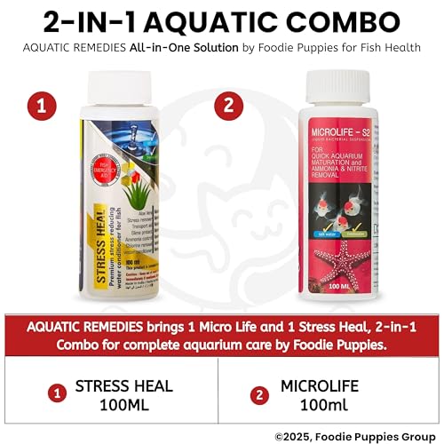 Image of Foodie Puppies Aquatic Remedies 2-in-1 Aquarium Medicine Combo - (Microlife S2 + Stress Heal, 100ml Each) | Anti-Bacterial Effective Fish Skin Treatment for Fresh Water