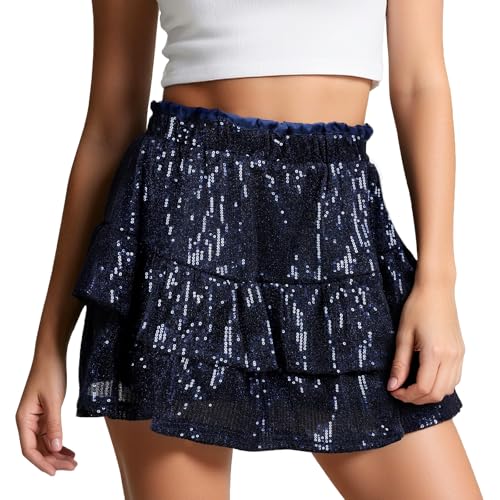 Women Sequin Skirt Sparkly Stretchy High Waist Ruffle Glitter Mini Short Skirts Concert Outfits for Night Out Party