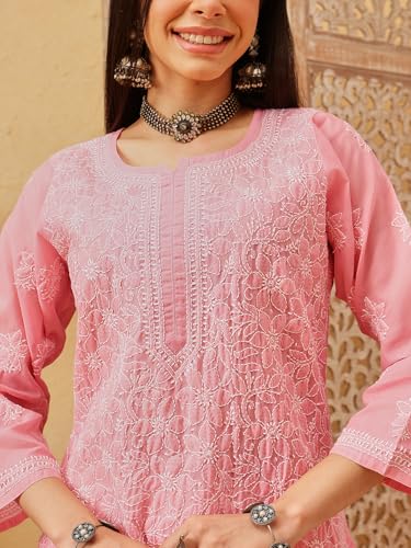 Image of Ada Women's Cotton Straight Fit Straight Hand Embroidered Lucknowi Chikankari Kurta Kurti A411165