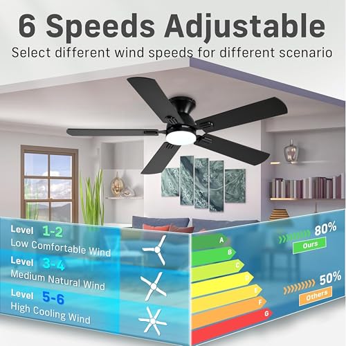 52-Inch Black Low Profile Ceiling Fan with Lights and Remote, Dimmable LED, Noiseless Flush Mount for Bedroom and Patio