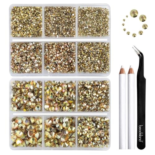 Beadsland 8300pcs Flat Back Rhinestones Golden Rhinestones Round Crystal Rhinestones for Crafts Mixed 10 Sizes with Wax Pen and Tweezers SS3-SS30 Metal Sunlight
