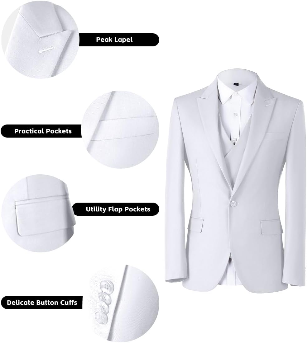 Mens 3 Piece Slim Fit Suit Set, Double Breasted Blazer Vest Pants Business Tuxedo Dress - Image 5