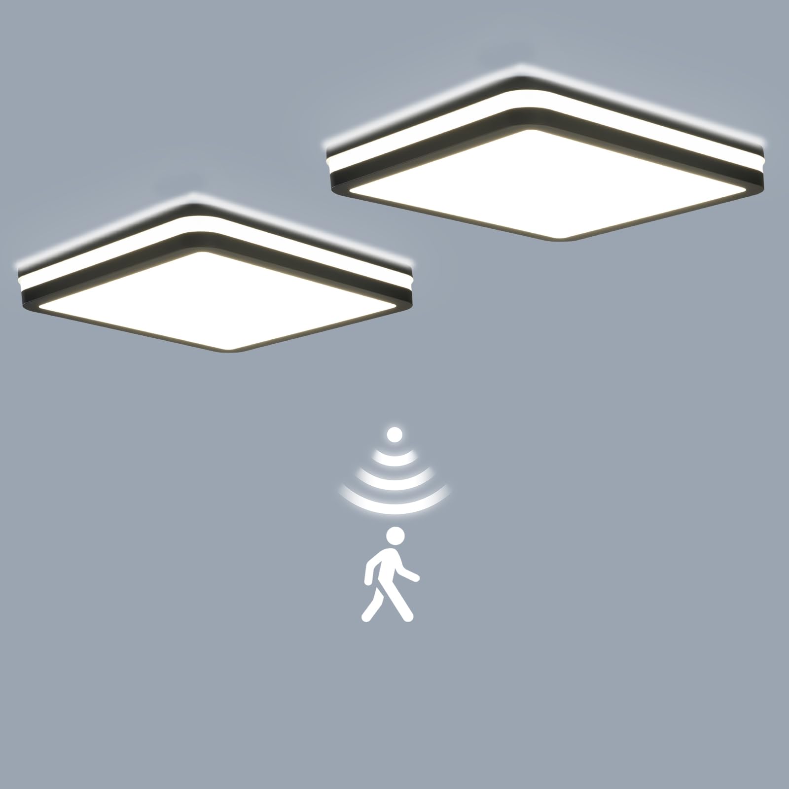 LEZOE 2er Plafoniera LED con sensore di movimento IP65 impermeabile, 18W 2700lm 150(Lm/W) lampada da soffitto con sensore 3000K/4000K/6500K Ideale per bagno, garage, corridoio, balcone 22cm Grigio