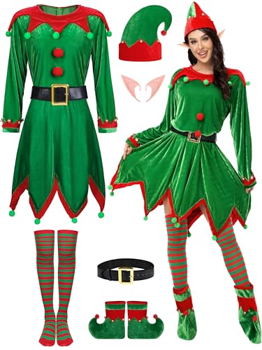 SOMSOC 6 Pack Women Christmas Elf Costume Set Velvet Dress Santa's Helper Costume Xmas Outfit Elf Hat Shoes Ears Belt Socks