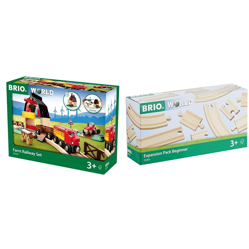 BRIO World 33719 Bahn Bauernhof Set - Holzeisenbahn mit Bauernhof, Tieren und Holzschienen & World 33401 Kleines Schienensortiment - 11 Schienen aus Buchenholz für die BRIO Holzeisenbahn