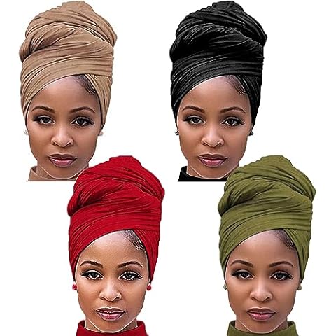PIGIAOKA 4 Pieces Head Wraps for Black Women African Hair Wraps Stretch Turban Extra Long Hair Scarf Knit Headwraps Jersey Head Scarf for Women Cover