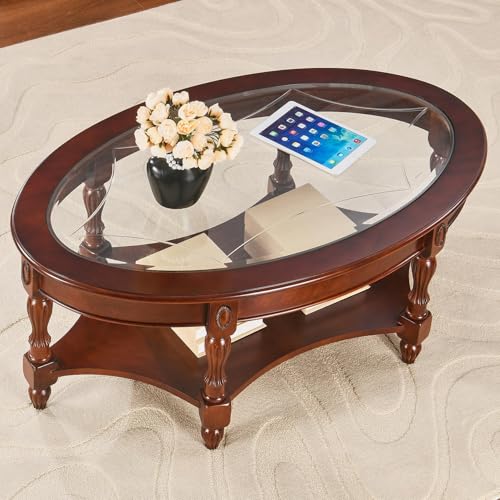 LEEMTORIG Oval Coffee Table for Living Room, Cherry Solid Wood