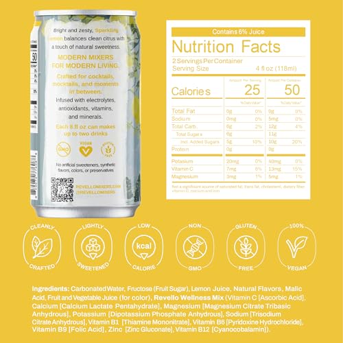 Image of Revello Mixers Sparkling Lemon - Mixer Infused with Electrolytes, Antioxidants, Vitamins & Minerals - Low Sugar & Calories - Premium Beverage for Crafted Cocktails & Mocktails - 8 fl oz (Pack of 4)