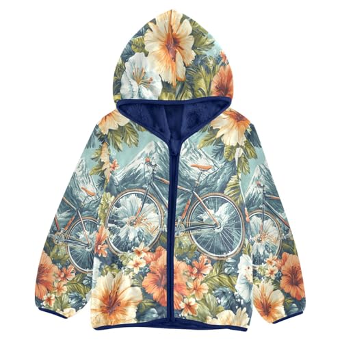 Bicycle Floral Mountain Toddler Fleece Jacket Girl Boys Hooded Fleece Jacket Coat Warm Outwear Zip-up 3-10T