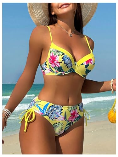 GORGLITTER Women's Tropical 2 Piece Swimsuit Underwire Push Up Tie Side Bottom Bikini Set Swimwear Yellow Large - Image 2
