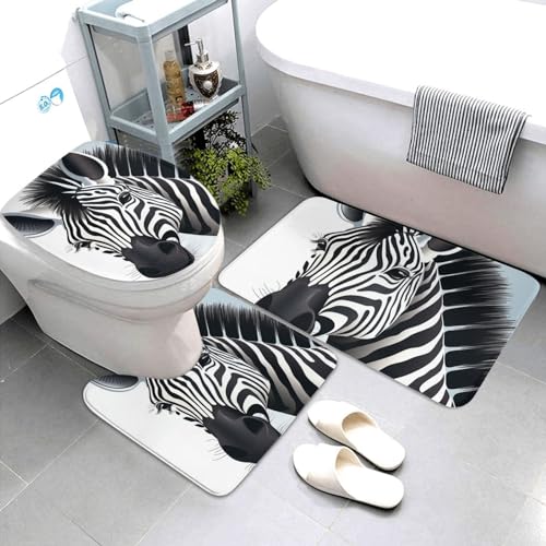 Dwrepo Zebra Print Bathroom Rug Set 3 Piece with Non-Slip U-Shaped Contour Mat and Toilet Lid Cover for Bathroom Decoration