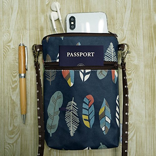 Image of Taianda Women Cell Phone Crossbody Wallet Pouch (Feather Pattern Navy Blue)