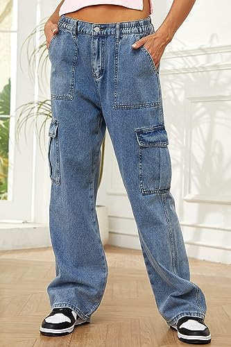 QYANGG High Waist Stretch Cargo Pants Women Baggy Multiple Pockets Relaxed Fit Straight Wide Leg Y2K Pants4