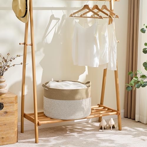 Image of KAKAMAY Cotton Rope Storage Basket (20 inchx13 inch),Woven Hamper for Blankets,Toys,Pillows,Clothes,Laundry,Sturdy Handles Decorative Basket for Living Room, Bedroom,Nursery(Brown /White)