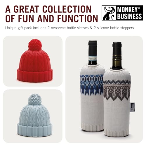 Image of Monkey Business Wine Knits Bottle Stopper and Sleeve Set - 4 Piece Silicone and Neoprene Insulated Wine Accessories Pack for Temperature Control and Freshness, Winter Knit Themed Dining Gift Set
