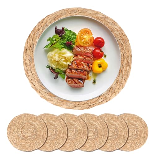 Image of Round Woven Placemats Set of 6-13 Inch Natural Water Hyacinth Place Mats for Dining Table, Boho Farmhouse Kitchen Table Decor, Rustic Braided Table Mats for Daily Use & Holiday Table Setting