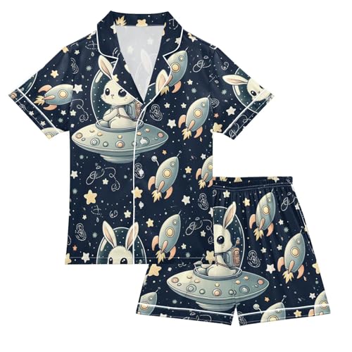ALAZA Lovely Space Rabbit Pajamas Satin Pajama Set Short Sleeve Button Down Sleepwear