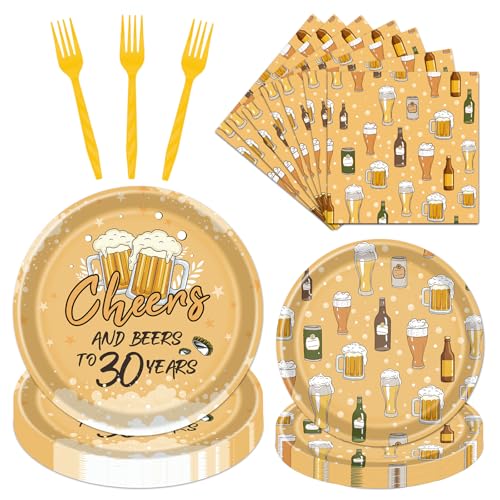 musaeva Cheers and Beer Party Decorations 96PCS Beer Birthday Plates and Napkins Tableware Set Cheers and Beer to 30 Years Forks Decor for Birthday Bachelorette Bar Supplies Serves 24