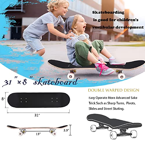 Image of Pro Complete Skateboards for Beginners Girls Boys Kids Youths Teens Adults 31 inchx8 inch Skate Boards 7 Layers Canadian Maple Double Kick Deck Concave Longboard