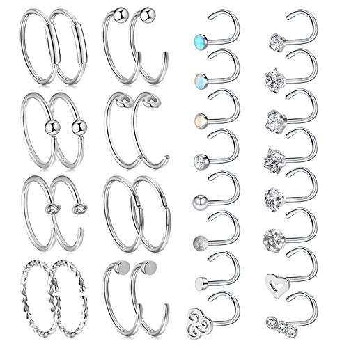 Bodystars Stainless Steel Nose Ring Studs - 32Pcs Nose Rings and Studs Piercing Jewelry Set - 20G Tragus Cartilage Hoop Rings/Nose Studs Bone (Silver - Screw Shape)