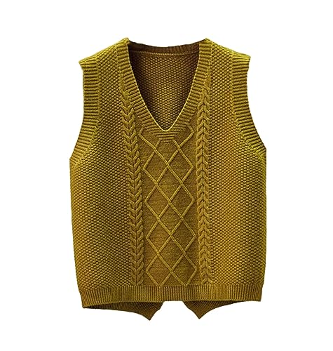 Mnjyihy Women's Spring And Autumn Rear Slit V-Neck Short Knitted Sweater Vests Sleeveless Pullover Sweater Top turmeric M