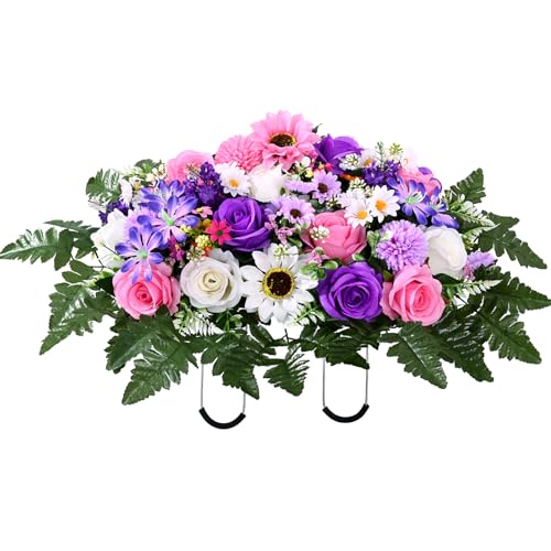 Waipfaru Artificial Cemetery Saddles Flowers, Realistic Memorial Day Grave Flowers, UV Resistant Silk Rose Daisy Fern Sunflower Saddles for Outdoor Headstones Cemetery Grave Decorations