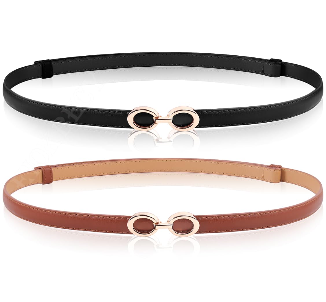 WERFORU Skinny leren riem voor dames, verstelbare dunne tailleriem, decoratieve riem voor jurken, jeans, mantel met gouden draaisluiting, zwart wit, Länge 105cm Fit Taille Größe bis zu 93cm