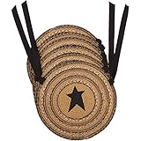 VHC Brands Kettle Grove Jute Chair Pad Applique Star Set of 6 Primitive Country Braided Design, Caramel Brown