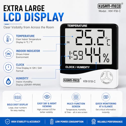 Image of Kusam-Meco Digital Thermo Hygrometer Model KM 918C Humidity Meter With Clock LCD Display