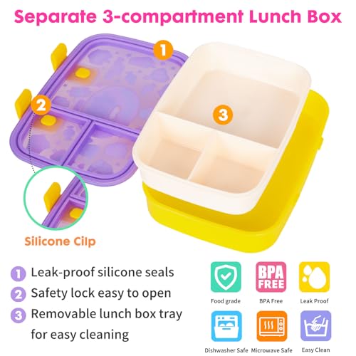 Image of Cute Cartoon Bento Lunch Box for Kids, 800ml /27oz BPA-Free Leak-Proof Food Containers with 3 Compartments, Dishwasher Safe, Back to School Students Lunches Size for Ages 3-7