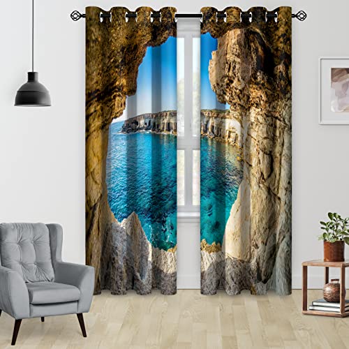 Aimego Ocean Sea Blue Blackout Curtains - Shading Curtains Grommet Window Darkening Drapes For Living Room Bedroom Decor, Nature Cave Printed Curtain 2 Panel Sets, 52"X84" #TOP1