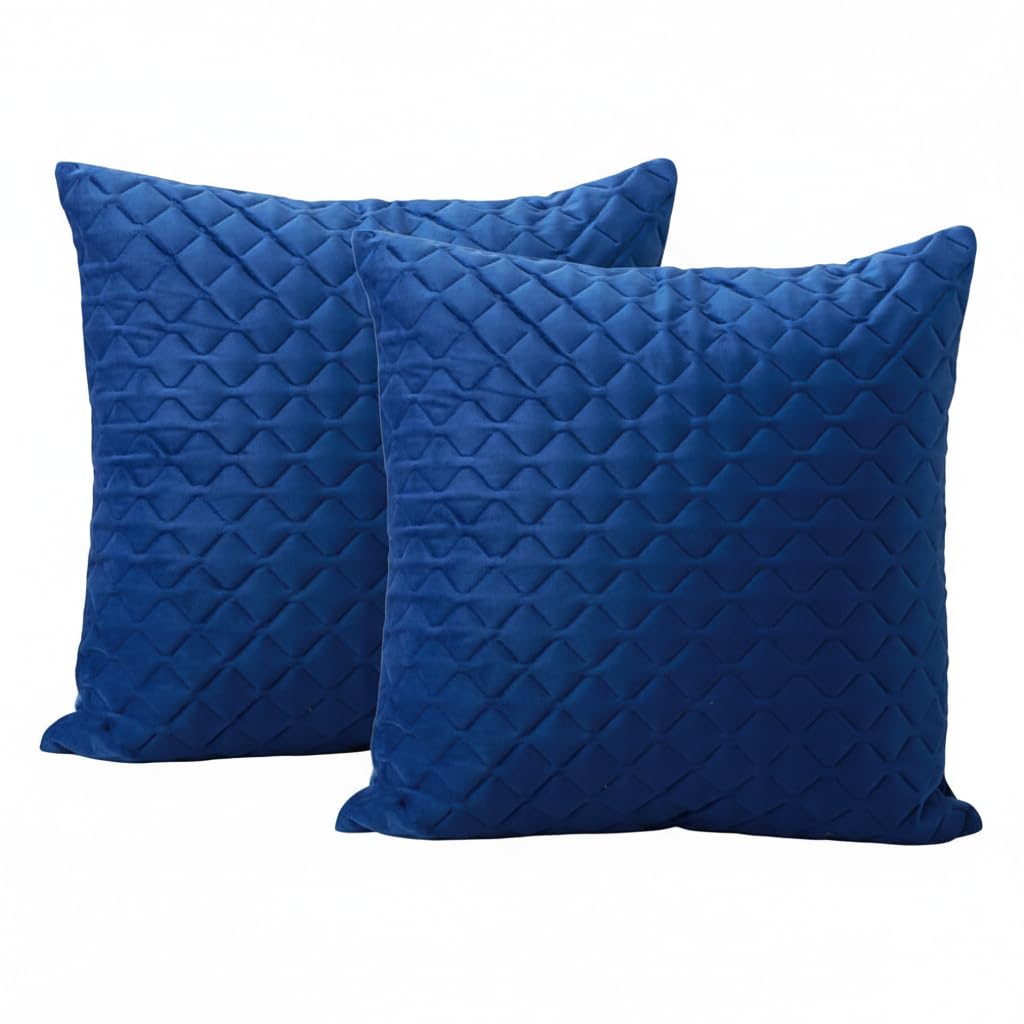 Makooz Blue Quilted Velvet Cushion Covers 18X18 Inch Pack Of 2 - Invisible Zipper Soft Decorative Square Throw Pillow Covers - Home Decor Luxury Pillowcase For Sofa Couch Livingroom Bedroom - 45X45cm