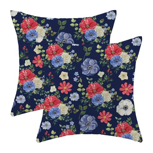 OFIRD 4th of July Floral Pillow Covers 18x18 Pack of 2,Boho Blue Red Flower Throw Pillow Covers Independence Day Floral Decorative Pillowcase Farmhouse Square Cushion Cover for Couch Sofa Outdoor