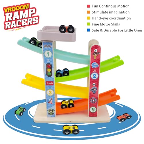 Image of Wudly Car Ramp Race Track, 4 Level Wooden Slide with 4 Cars, Pretend Toy | Educational Montessori for Toddlers 2 Years+