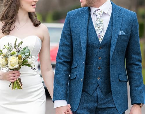 MoranX Men's Suits Formal Regular Fit 3 Piece Herringbone Tweed Wool Business Jacket Tuxedos Blazer+Vest+Pants Wedding3