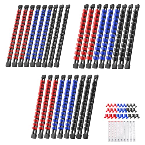 Image of Reniteco 27-Pack Socket Organizer Set, 1 /4 inch x 144 3 /8 inch x 90 1 /2 inch x 72 Clips | 306 Clip Capacity, Havy-Duty ABS Socket Rails, Removable Clips, Drive Socket Storage, Toolbox Drawer or Wall Mount