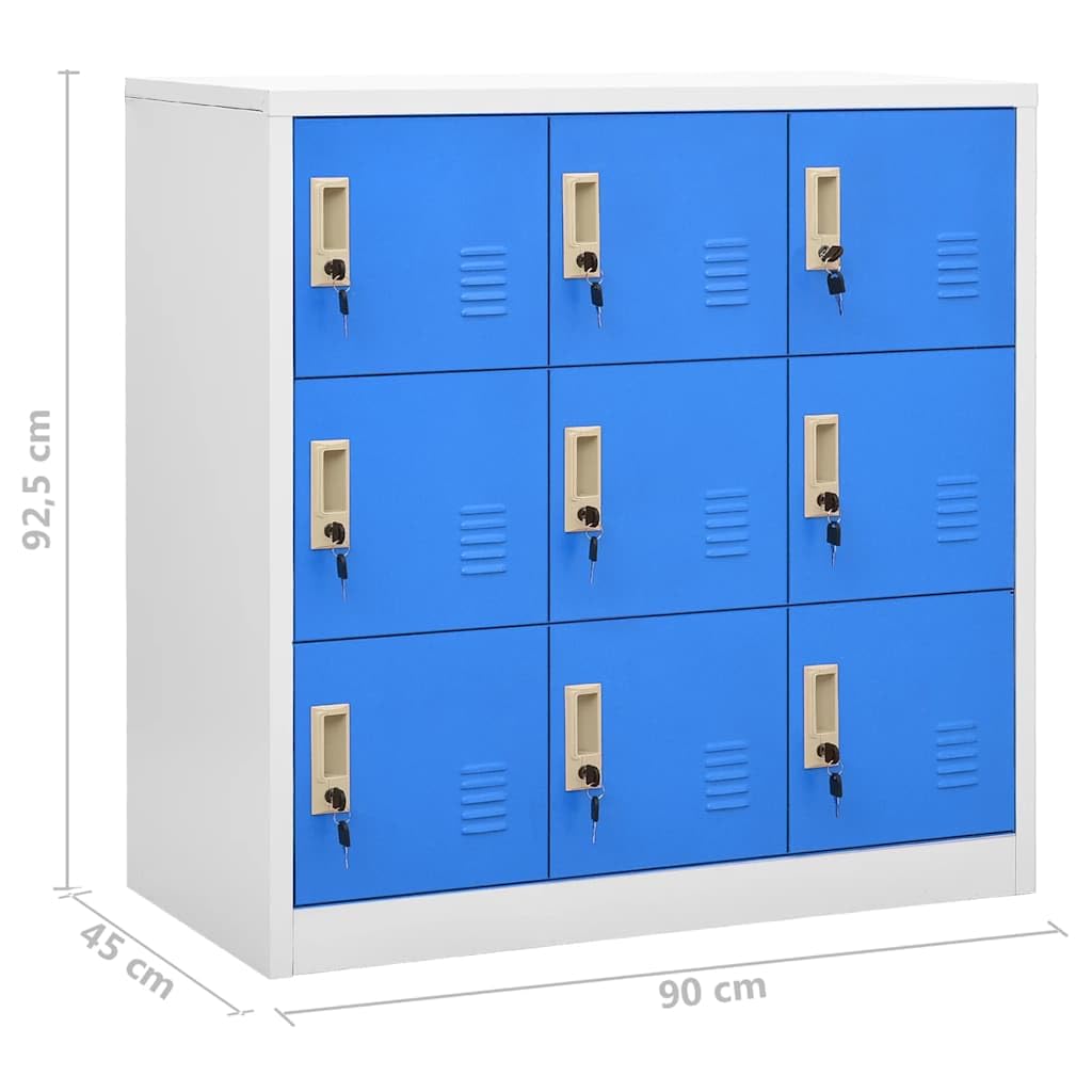 Set di 5 armadietti in acciaio con 9 scomparti e serrature, 90 x 45 x 92,5 cm, per ufficio, scuola e archivio, grigio chiaro e blu