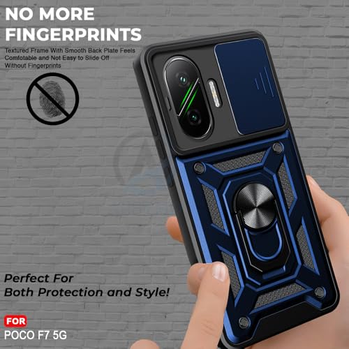 Image of AESTMO Tough Armor Poco F7 5G Bumper Back Case Cover | Ring Holder & Sliding Camera Shield Cover | 360 Degree Protection Back Case Cover for Poco F7 5G (Blue)