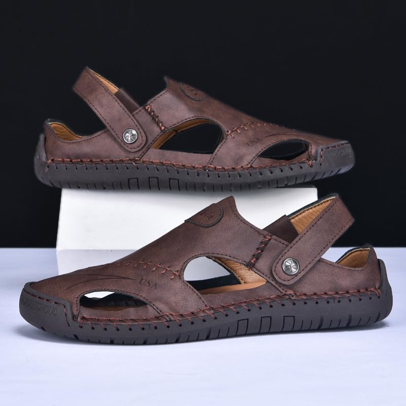 Men's Leather Fisherman Sandals, Closed Toe, Hollow Athletic Sandals Slip-on Roman Casual Summer Beach Slipper Shoes4