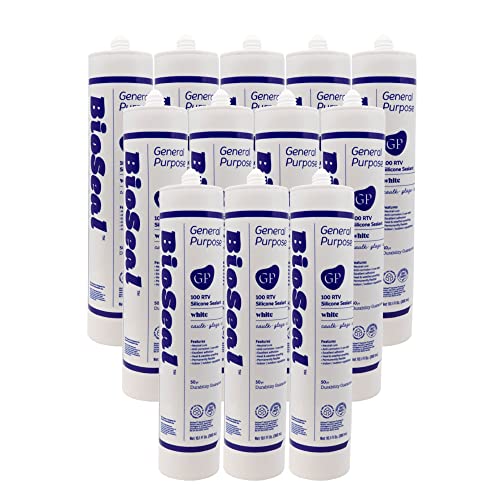 Image of White BioSeal 100% Silicone Sealant Caulk General Purpose, Waterproof and No Odor 10.1 Ounce Cartridge -White 12 Set