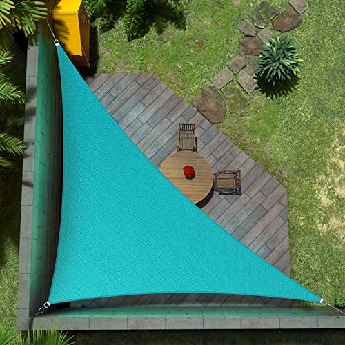 Amgo Toldo tipo vela triangular de 20 x 20 x 28.3 pies, color turquesa, para exteriores, AGTAPT12, 95% de bloqueo UV, permeable al agua y al aire, estándar comercial de 200 g/m², resistente (hacemos
