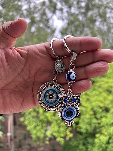 Image of BLUE BEADS Original Blue and Silver Color Evil Eye Keychain For Bike /Car Gifting With Key Ring Anti-Rust (Pack of 3)